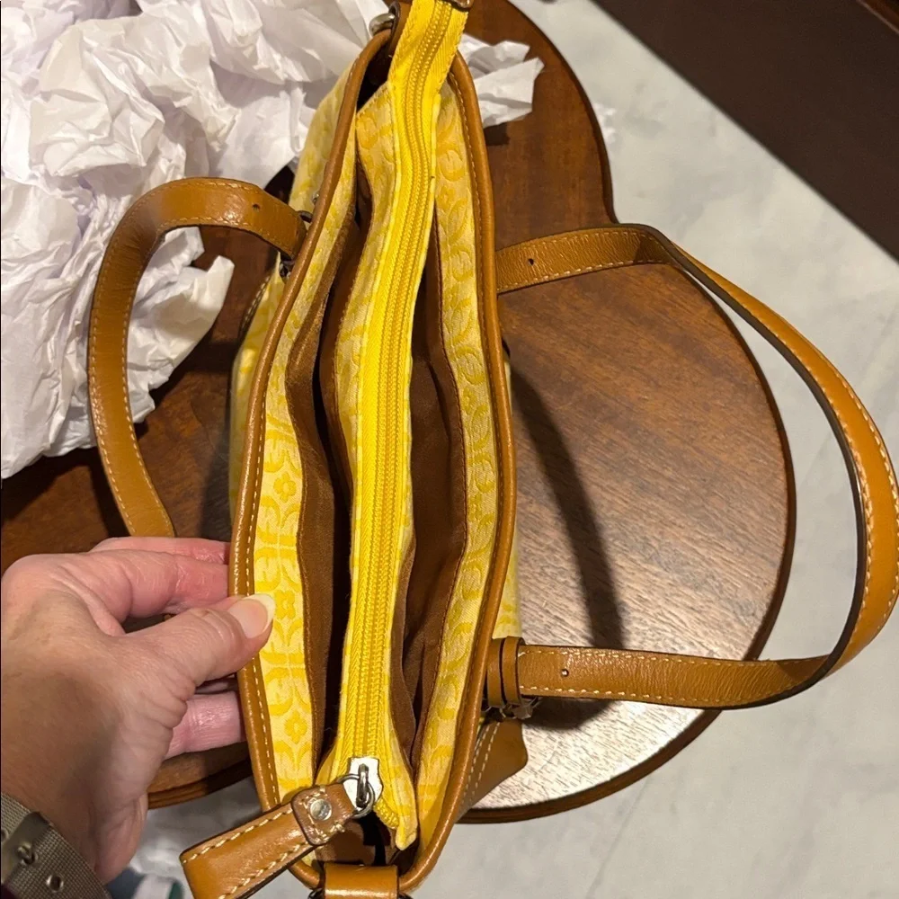 Fossil satchel Crossbody bag fabric yellow print brown leather trim 3 compart